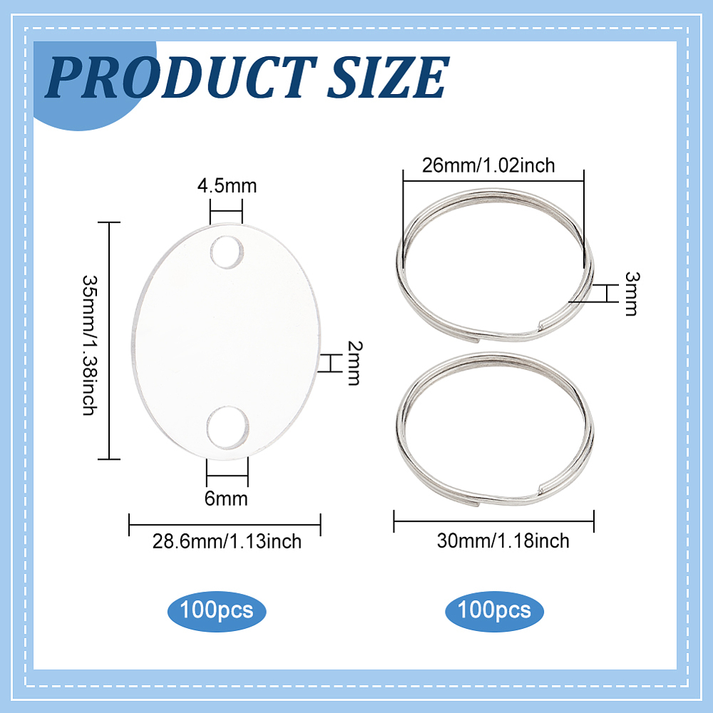 100 Sets Oval Key Tag Acrylic Key Labels Clear Blank Key Chains Key Identifiers with Metal Split Keyring for DIY Crafts Key Organizing 1.38 x 1.13 Inch DIY Clear