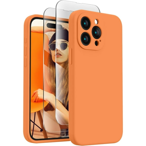 for iPhone 15 Pro Case, Silicone Upgraded [Camera Protection] Phone Case with [2 Screen Protectors], Soft Anti-Scratch Microfiber Lining Inside, 6.1 inch, Kumquat