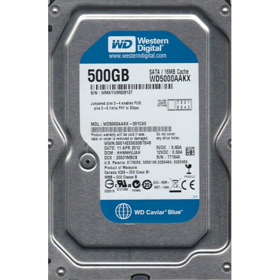 WD5000AAKX-001CA0, DCM HHNNHVJAH, Western Digital 500GB SATA 3.5 Hard Drive