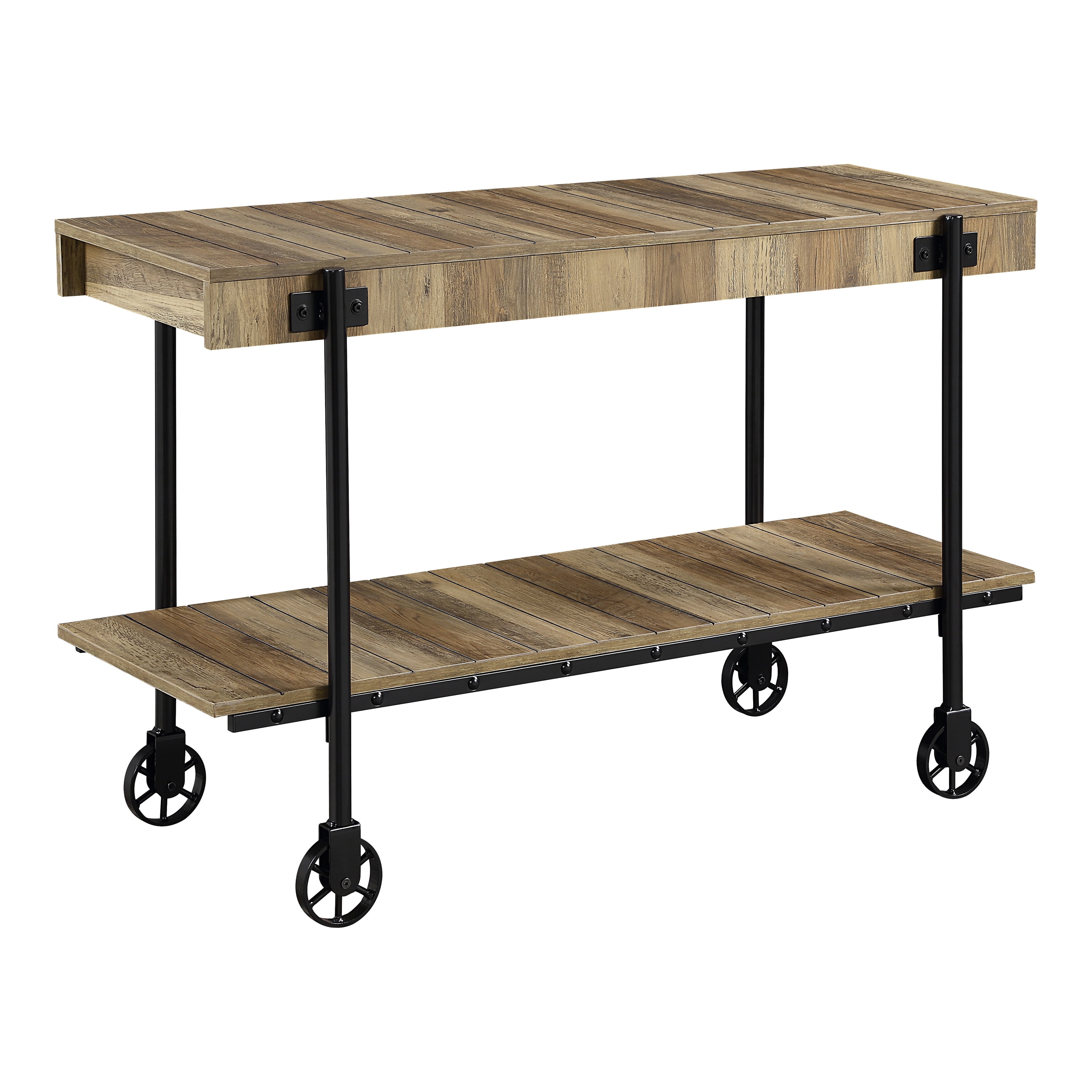 Furniture of America Russe 1-Shelf Wood Rustic Oak Sofa Table with Wheels