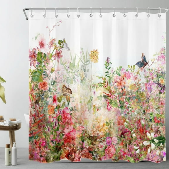HVEST Rustic Floral Plant Shower Curtain with Pink Flower and Butterfly Design - Watercolor Wildflower Bathroom Decor, Waterproof Polyester Fabric, Includes 12 Hooks, 72x78 Inches