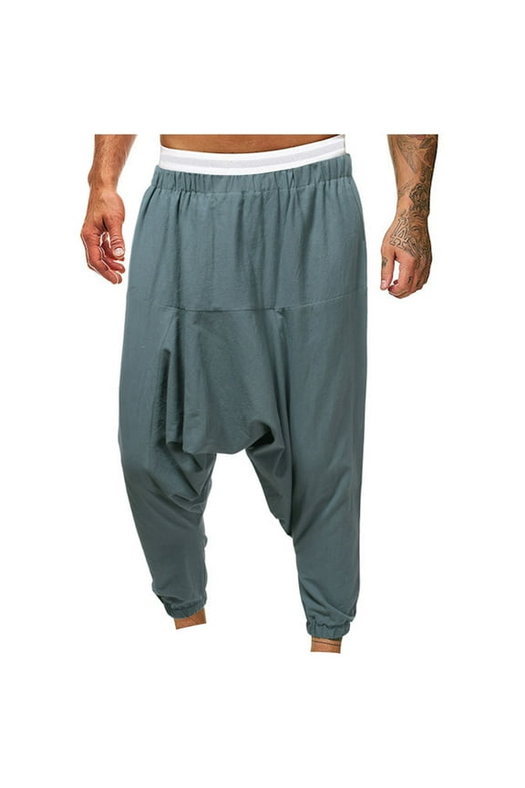 Men's Cotton Linen Harem Pants Loose Fit Elastic Waist Drop Crotch Hippie Trousers Boho Aladin Yoga Pants, M-3XL