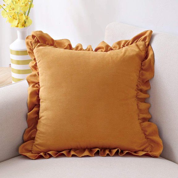 Nvzi Farmhouse Ruffles Throw Pillow Cover Super Soft Suede Decorative Lumbar Cushion Case Pillowcase for Sofa Couch Bed Chair Car (Ginger, 18"x18")