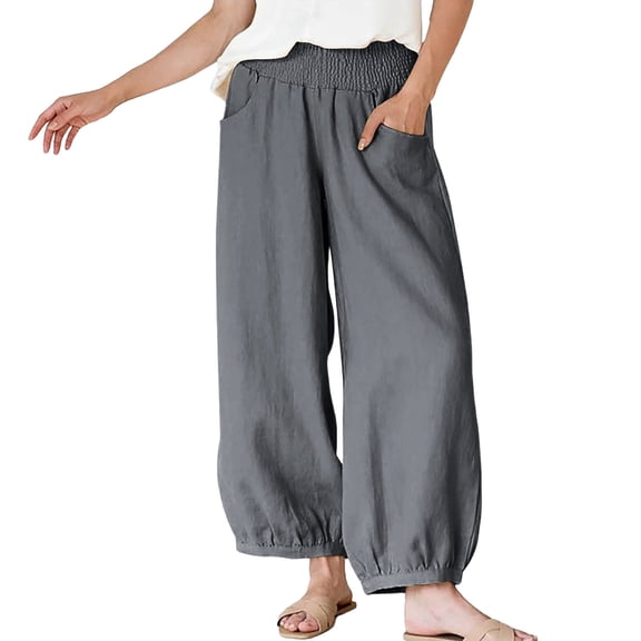 Cagogo Women Cotton Linen Plus Size Wide Leg Pants Elastic Waist Casual Loose Long Harem Trousers with Pockets Flowy Beach Lounge Party Wear, Gray 2XL