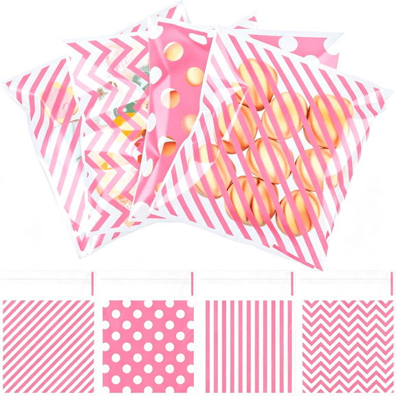 BPPEG 200 Pcs Cookie Bags,4 X 4"Self Sealing Cellophane Treat Bags Plastic Goodie Snack Bag Striped Polka Dot Candy Gift Bag for Summer Birthday Wedding Party Favors(Pink)