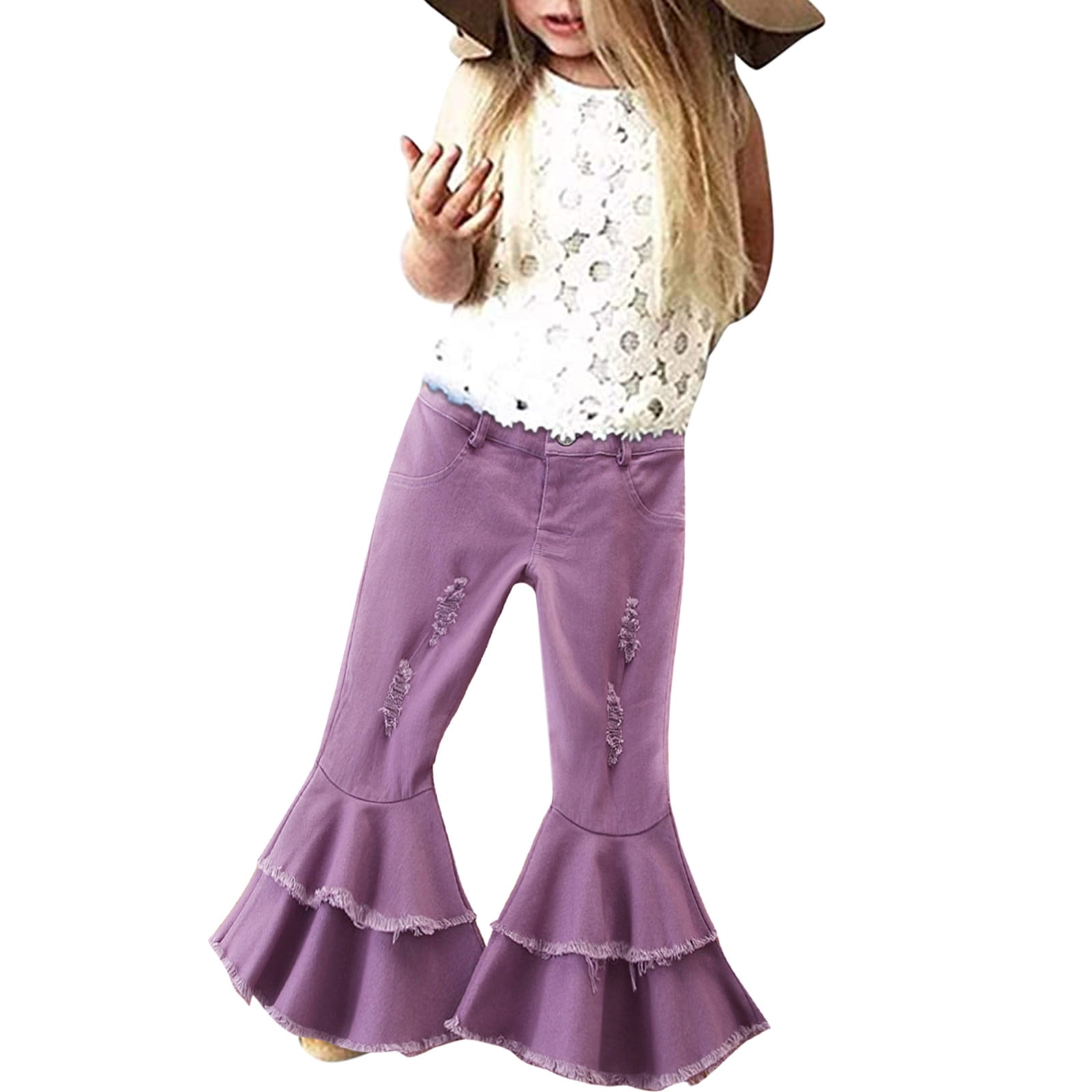 B91xZ Toddler Pants Girls Ruffles Ripped Two Flare Jeans Bottom Trousers  Girls Bell Pants For Kids Baby Denim 16Y Toddler Purple,Sizes 2-3 Years