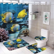 Tropical Fish Shower Curtain Set 4 Piece with Non-Slip Rugs, Toilet Lid Cover and Bath Mat Soft Bathroom Carpet Waterproof Bathroom Curtain with 12 Hooks for Bathroom Decor