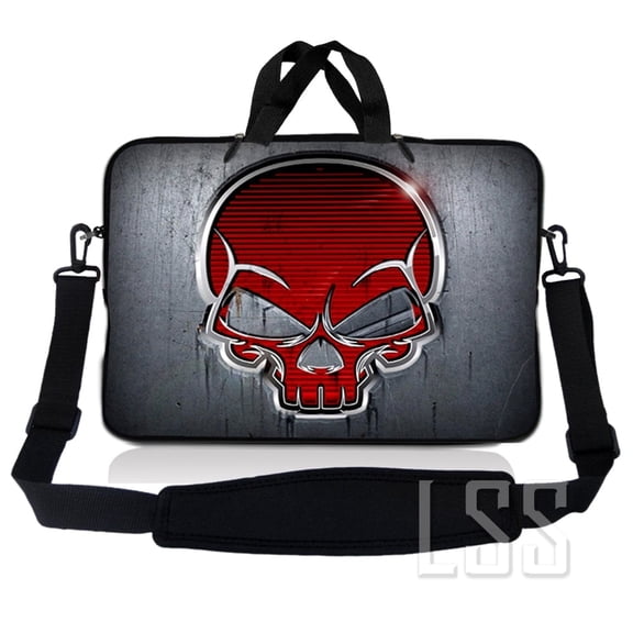 Laptop Skin Shop 17-17.3 inch Neoprene Laptop Sleeve Bag Carrying Case with Handle and Adjustable Shoulder Strap - Silver Red Skull