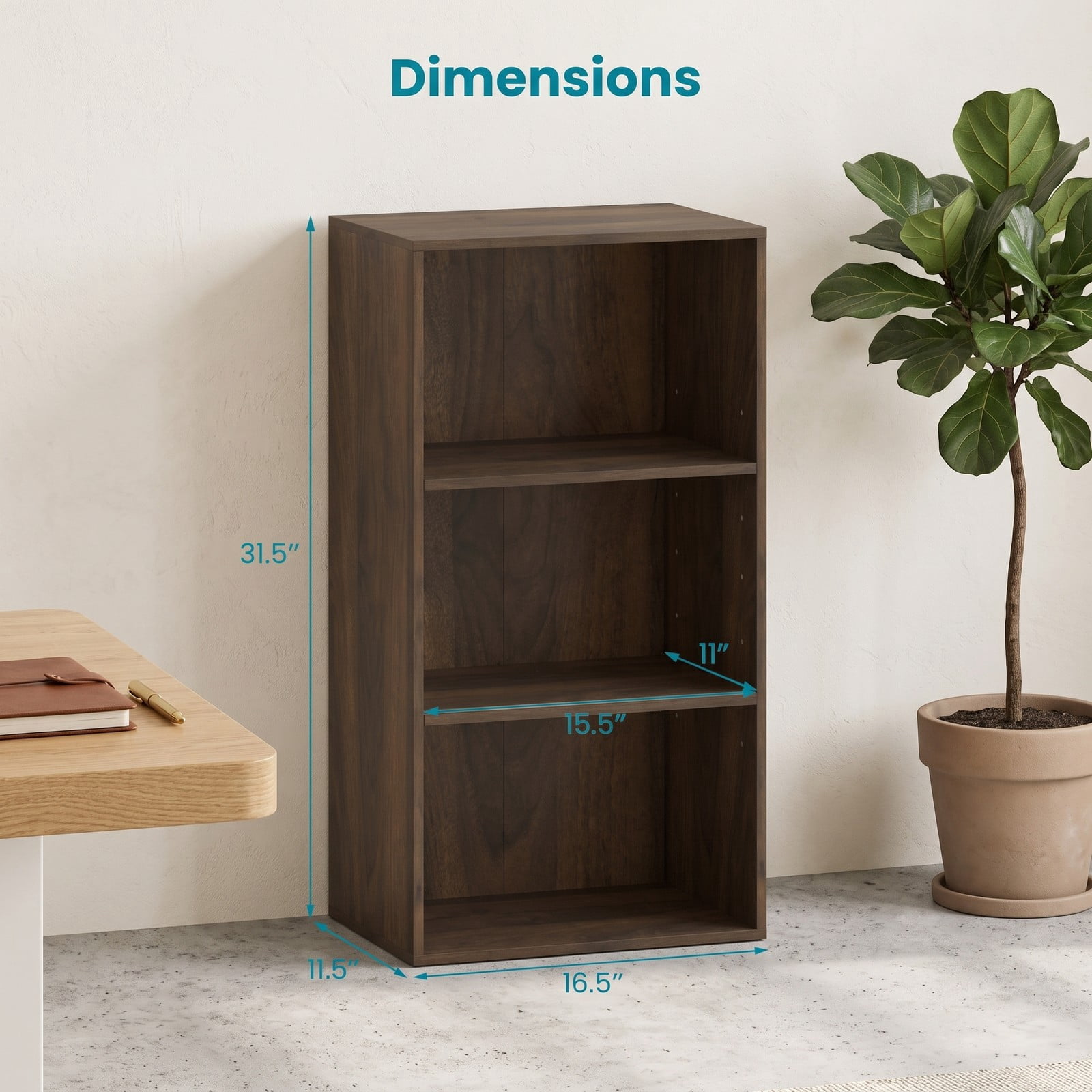 Furnibear 3-Tier Open Shelf Bookcase, Modern Freestanding Storage Display Cabinet with 2 Adjustable Shelves and Anti-Tip Kit for Living Room Bedroom Home, Walnut Brown