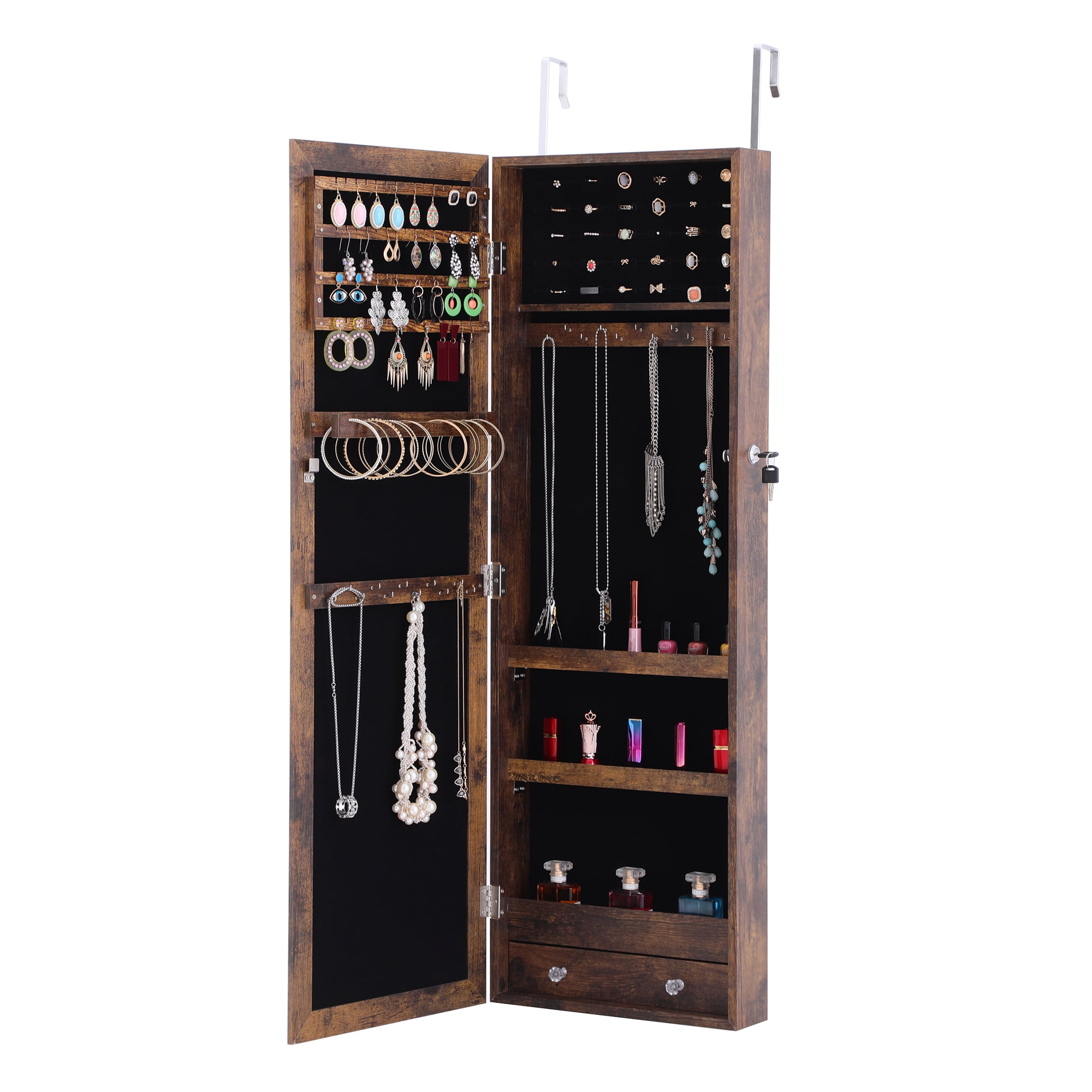 Kepooman Dressing Mirror Full-Body Jewelry Cabinet, Full-Mirror Wooden Wall-Mounted 3-Layer Rack Makeup Brush Holders, Antique Gray Kepooman Dressing Mirror Full-Body Jewelry Cabinet, Full-Mirror Wooden Wall-Mounted 3-Layer Rack Makeup Brush Holders, Antique Gray