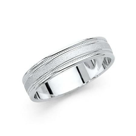 14k Sand - Solid 14k White Gold Band Wedding Milgrain Ring Classic Sand & Polished Finish Mens Womens 5 mm