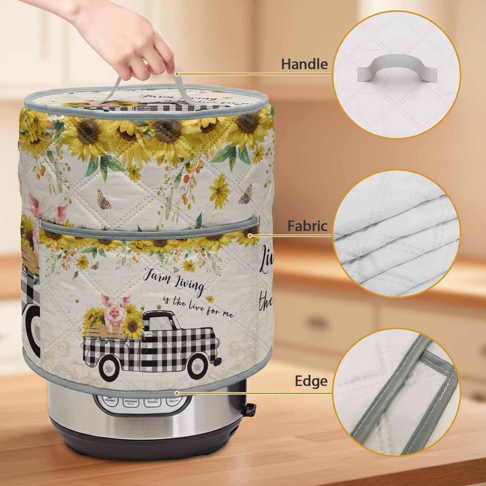 Pig Truck Sunflower Rice Cooker Cover 6 Quart Vintage Farm Loads of Sunshine Pressure Cooker Cover Appliance Protector Dust Case with Pocket and Handle for Kitchen