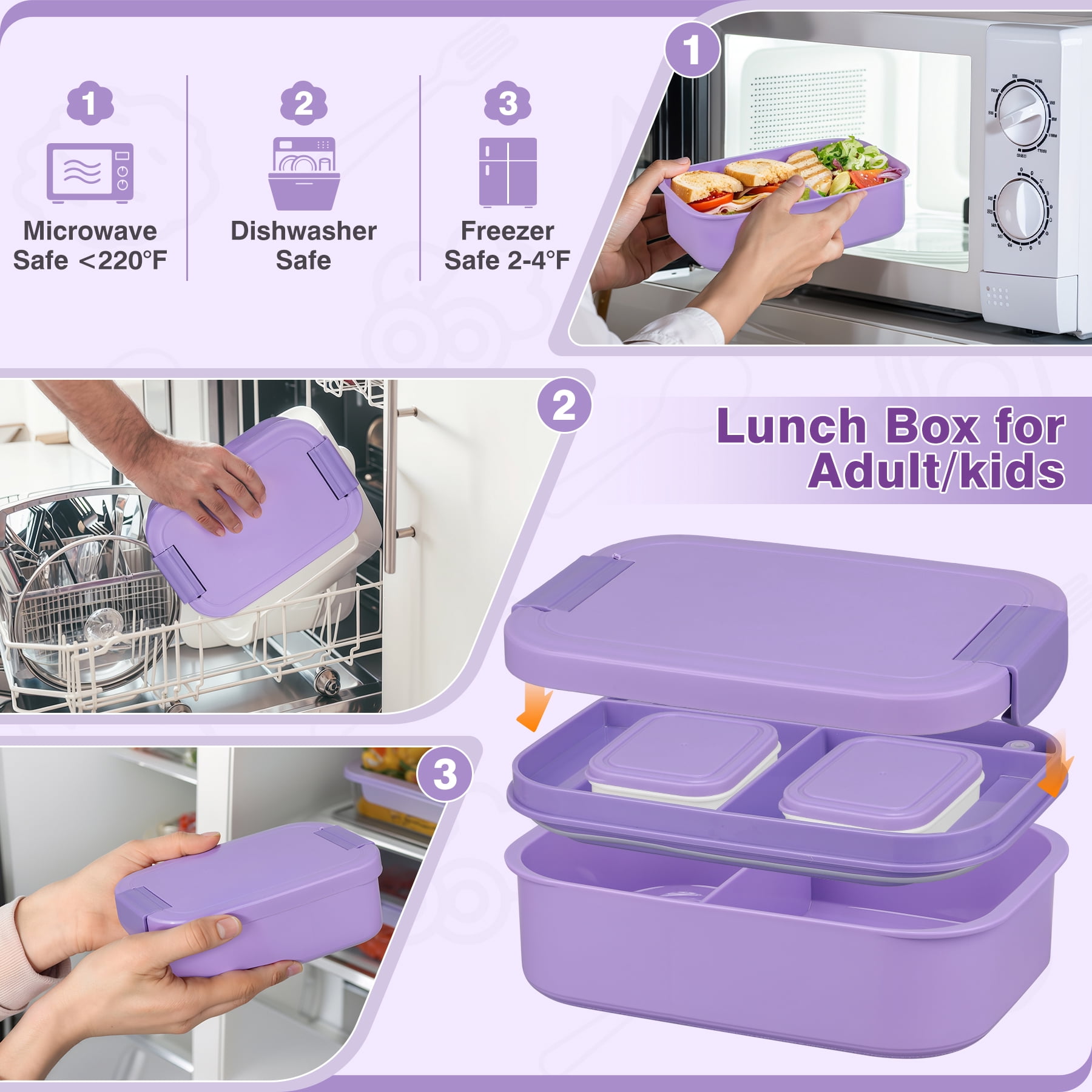 Bento Lunch Box Set with 10.5oz Soup Thermo for Adults Kids, Leak-proof Food Jar Lunch Container with 4 Compartment, Stainless Steel Coffee Tumbler with Lunch Bag for School Travel Office Purple
