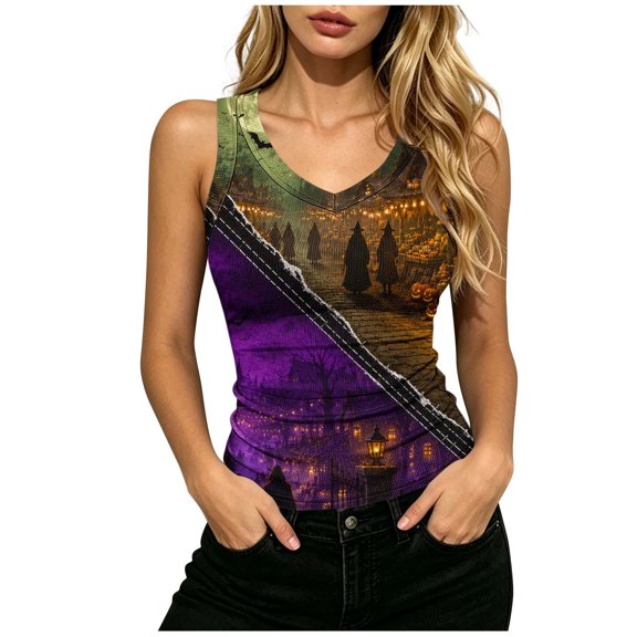 ZGRBOU V Neck Ribbed Knit Tank Tops for Women Funny Witch Scene Print Shirts Gothic Holiday Sleeveless Tee