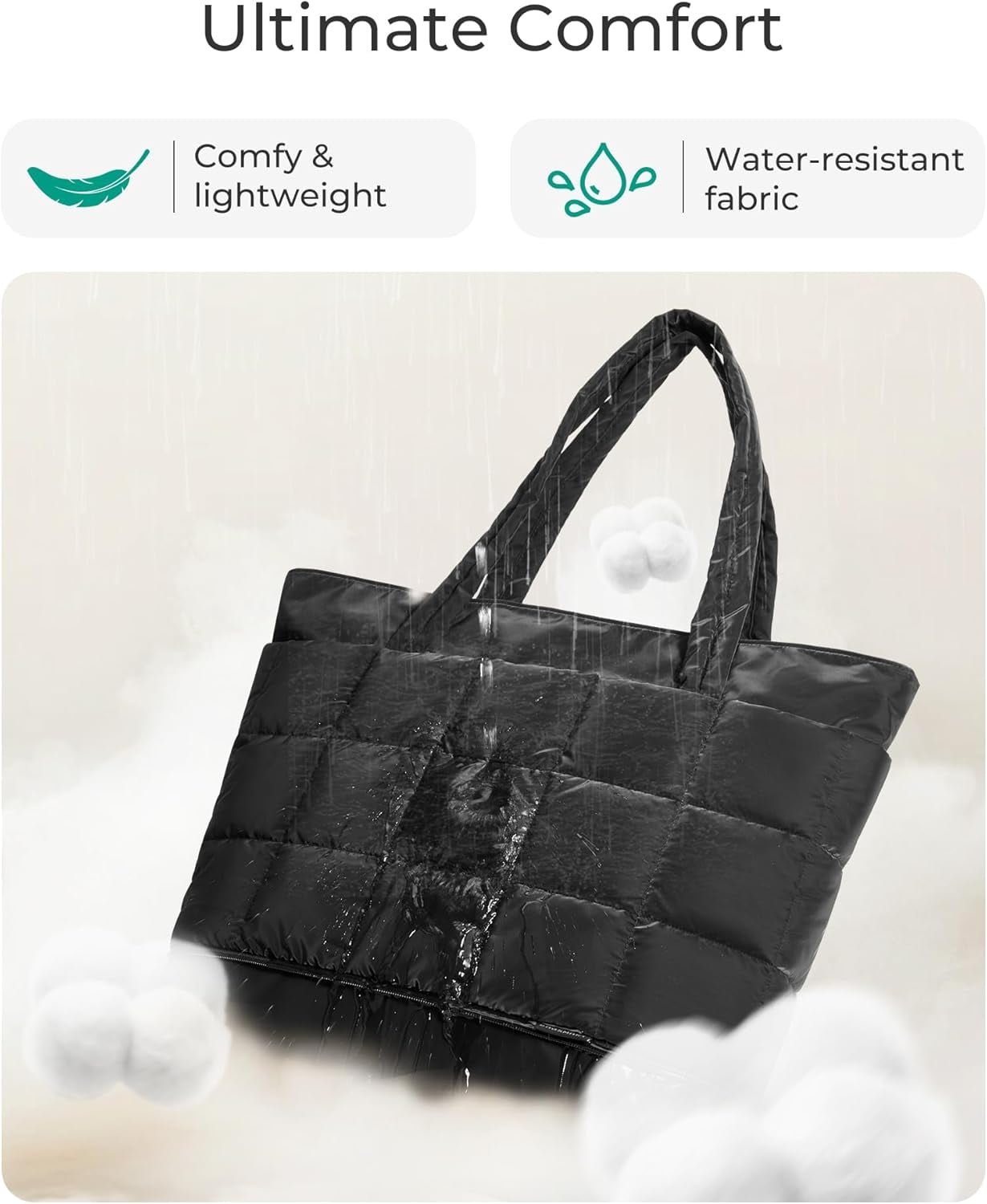 mirlewaiy Tote Bag for Women, Puffer Work Tote Handbag, Quilted Carry-On Travel Gym Bag(Black)