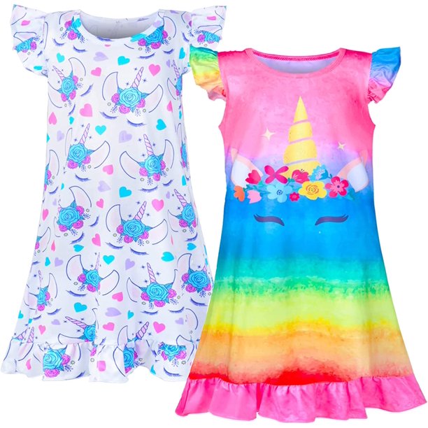 2pcs Girls Nightgowns, Unicorn Nightgown Princess Pajama Dresses for Girls Sleepwear Nightie