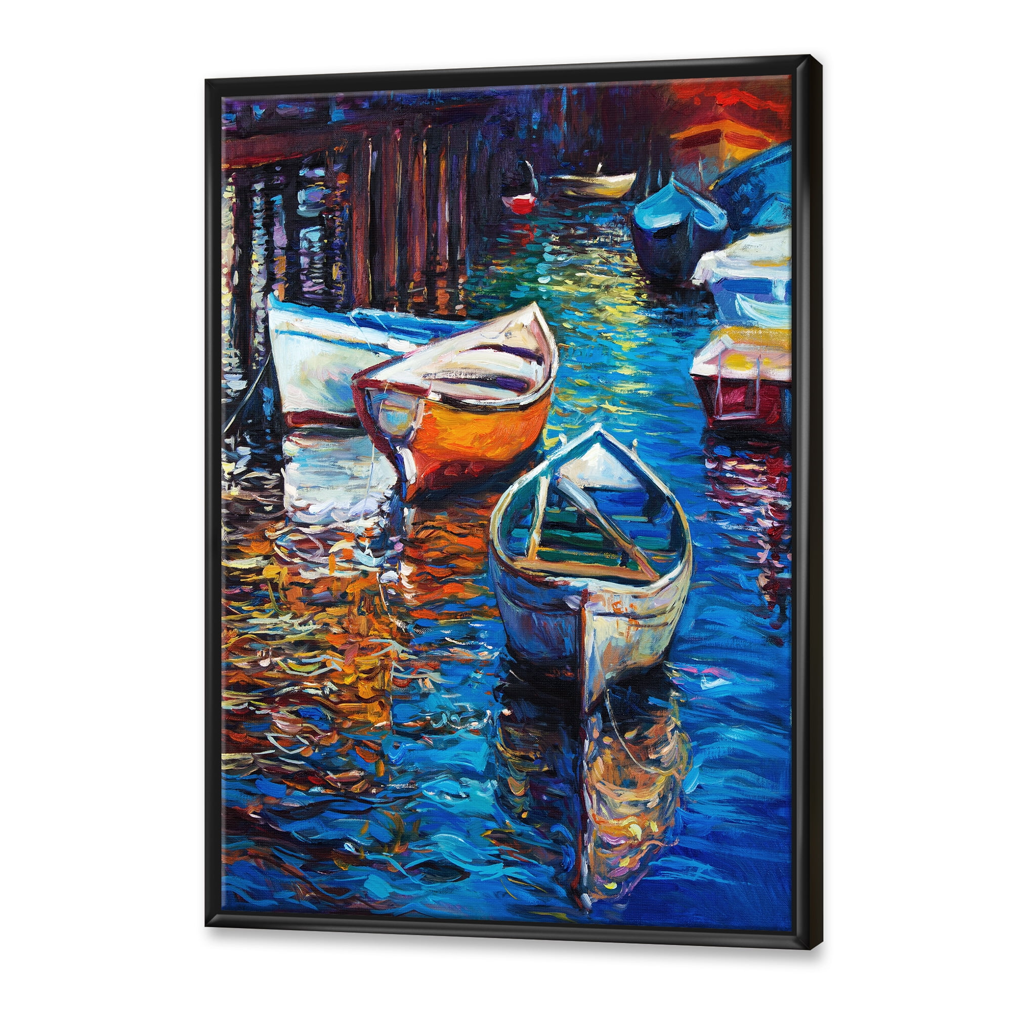 Designart 'Boats During Warm Sunset Resting On The Water X' Nautical & Coastal Framed Canvas Wall Art Print