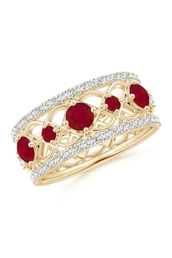 Natural Art Deco Inspired Graduated Ruby and Diamond Ring in 14K Yellow Gold for Women (Size-3.8mm) | July Birthstone, Birthday, Anniversary, Jewelry Gift for Women | Natural Ruby Ring