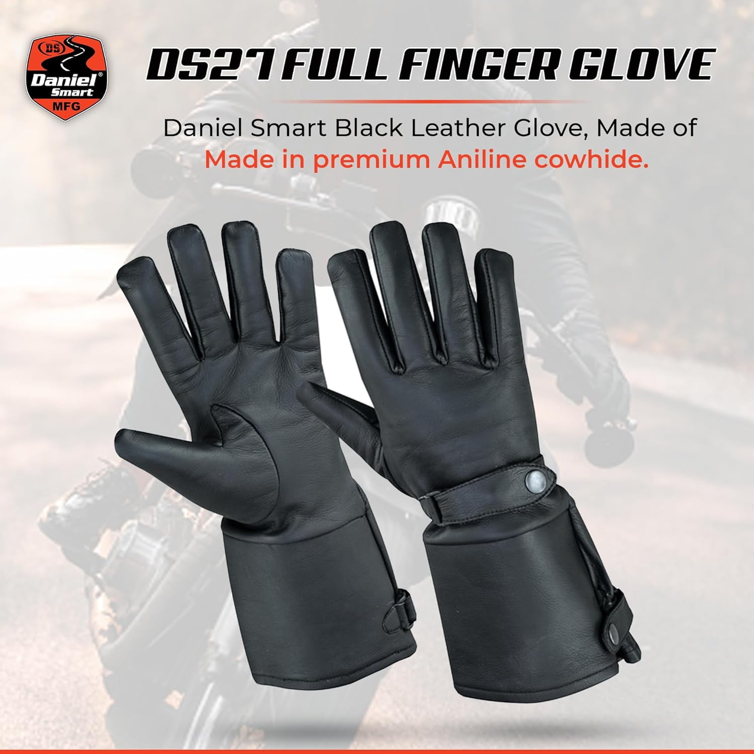 Daniel Smart Men Gauntlet Leather Gloves - Protective Motorcycle Gloves with Soft Fleece Lining and Adjustable Wrist Strap.