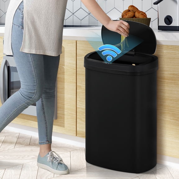 13 Gallon Plastic Garbage Can Kitchen Trash Can Automatic Touch Free Trash can with Lid 50 Liter Waste Bin Mute Anti-Fingerprint for Bedroom Home Office Living Room, Black