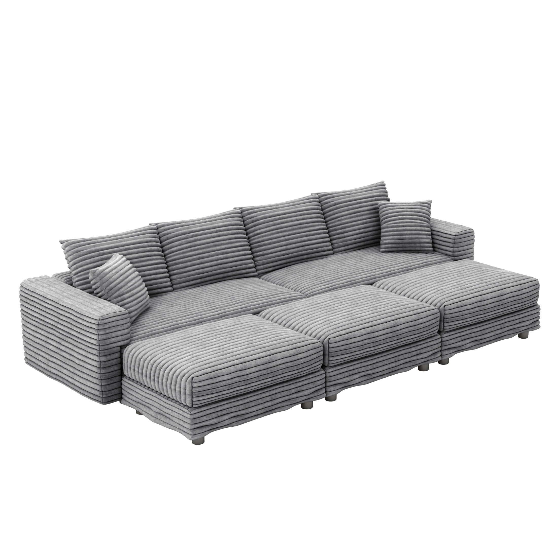 Noble House Nesta 4-Seat Plush Corduroy Cloud Sofa, Convertible Deep Seat Lounge Couch with 3 Ottomans & Soft Pillows, Grey