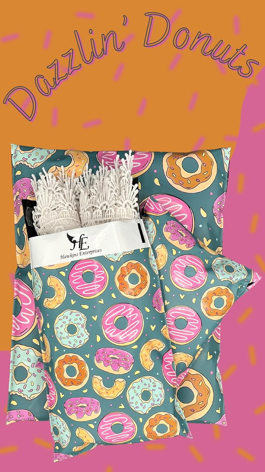Hawk Poly Mailers 10x13 Cute Donut Hearts Heavy Duty 3.15mil Tamper-Evident & Self-Sealing Shipping Envelopes for Small Businesses Printed Waterproof Mailing Bags Non Padded (Dazzlin' Donuts, 10x13)