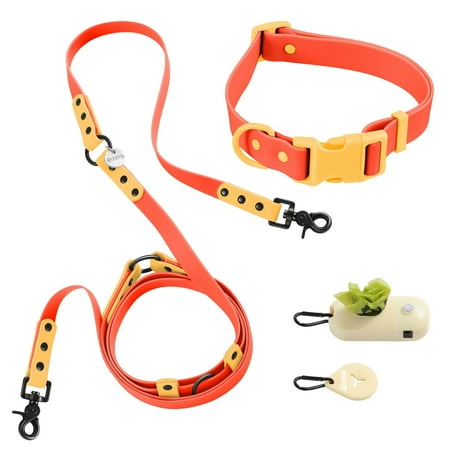 THE LICKER STORE Luna Large 8FT Adjustable 6-in-1 Waterproof Hands-Free Leash and Collar with LED Flashlight Bag Dispenser and Poop Bag Holder Dark Orange/Light Orange WLK1006A-5SET