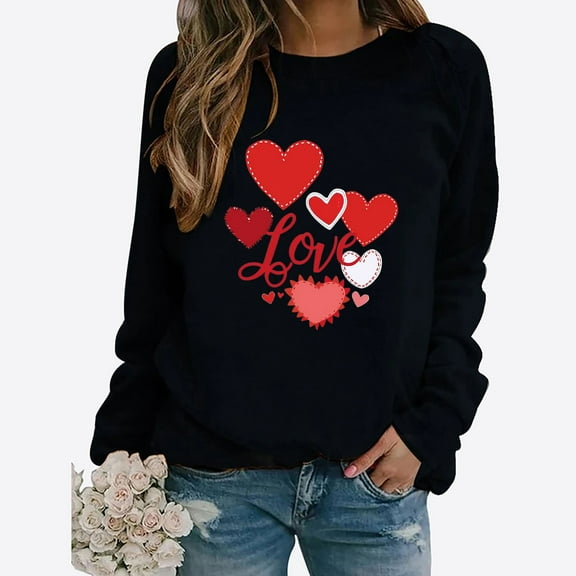 SOOMLON Valentines Day Shirts Womens Couple Valentines Gift Comfy Long Sleeve Scoop Neck T Shirts Funny Heart Graphic Tops Fashion Valentines Clothes 2025 Black XL