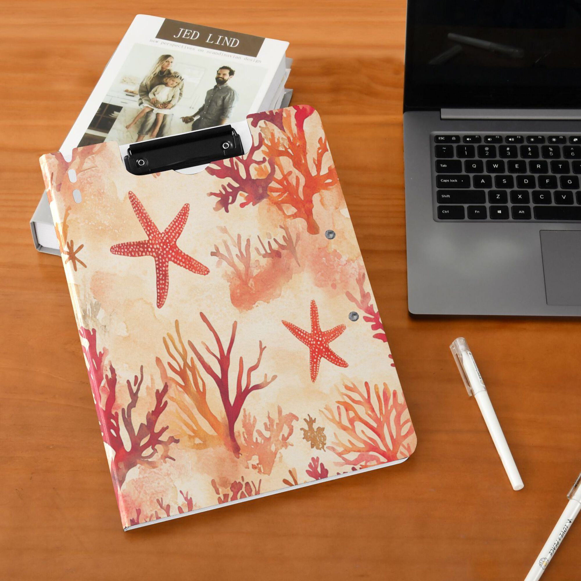 FORMRS A4 Clipboard Folder with Pen Holder Horizontal Foldable School Office Binder, Red Starfish