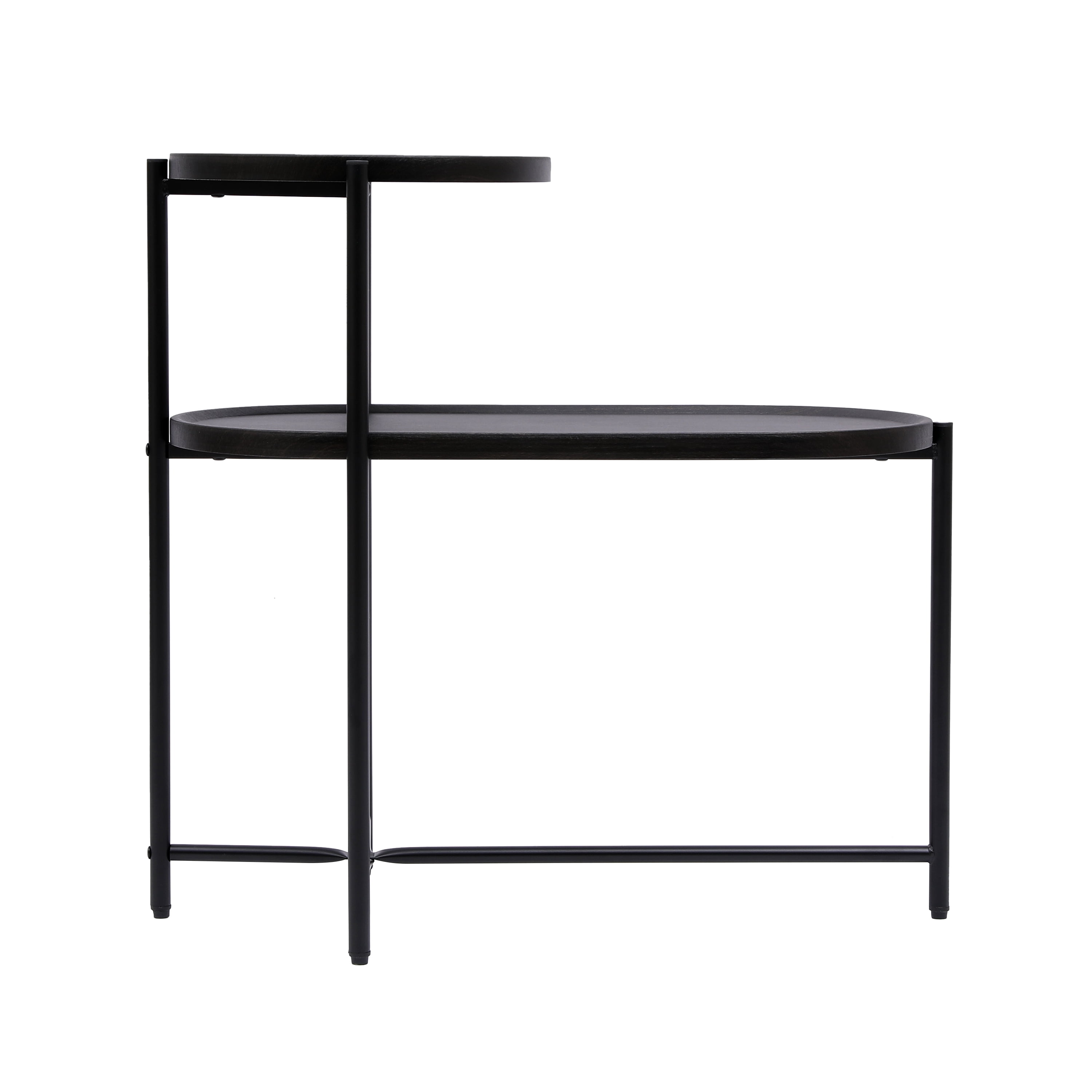 2-Tier Round Coffee Table with Oval Storage Bottom Tray, MDF Wooden Side End Table with X-Shaped Metal Frame, 44LBS Total Capacity for Living Room Bedroom Office