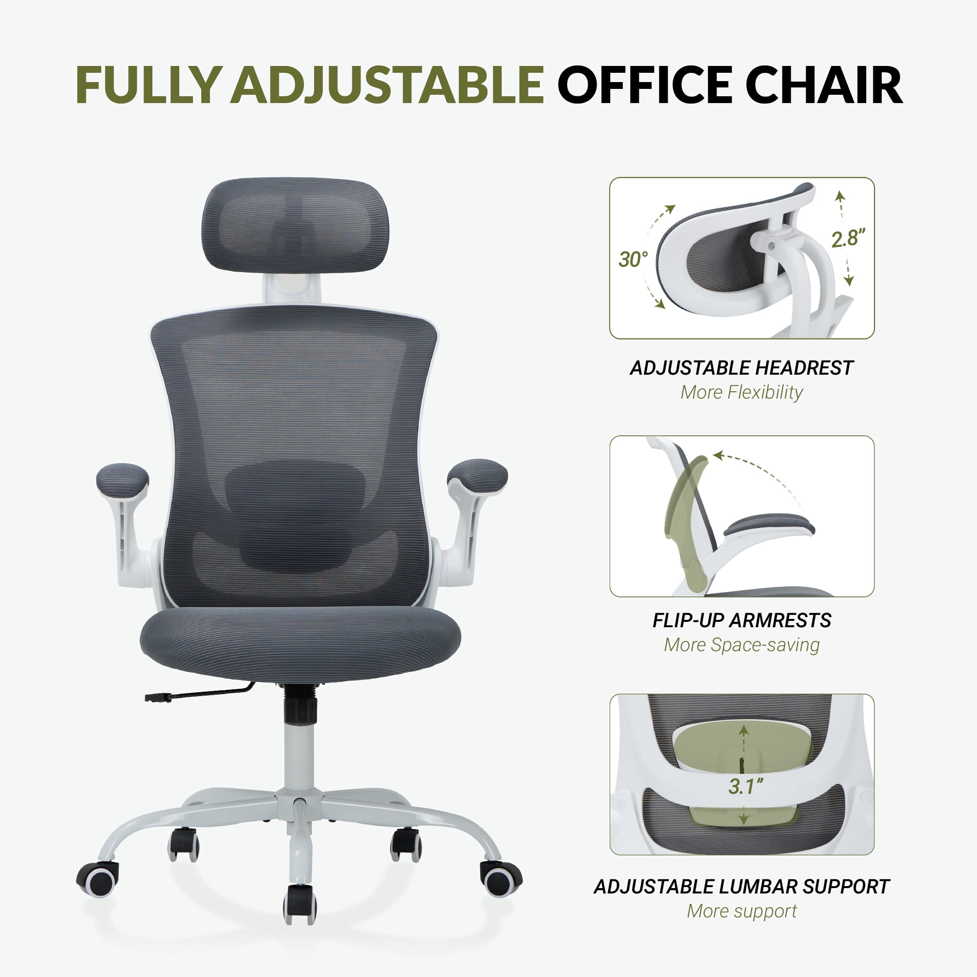 AFO High Back Ergonomic Office Chair, Adjustable Lumbar Support & Headrest Mesh Desk Chair with Flip-Up Arms, 275lbs Heavy Duty Metal Base Computer Task Chair for Home Office, Gray
