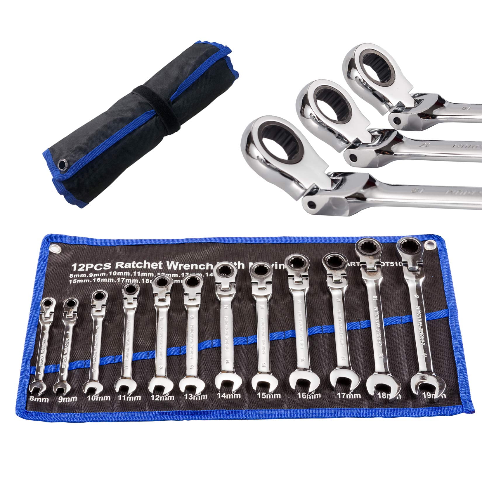 12Piece FlexHead Ratcheting Wrench Set Metric, 819mm, Chrome