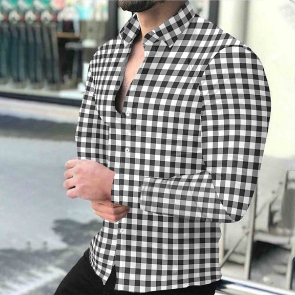 Blmnix Big And Tall Shirts Men's Shirts Plaid Shirt Guide Oversized T-Shirts Long Sleeve Button Down Gray Collared Summer Shirt,XXL