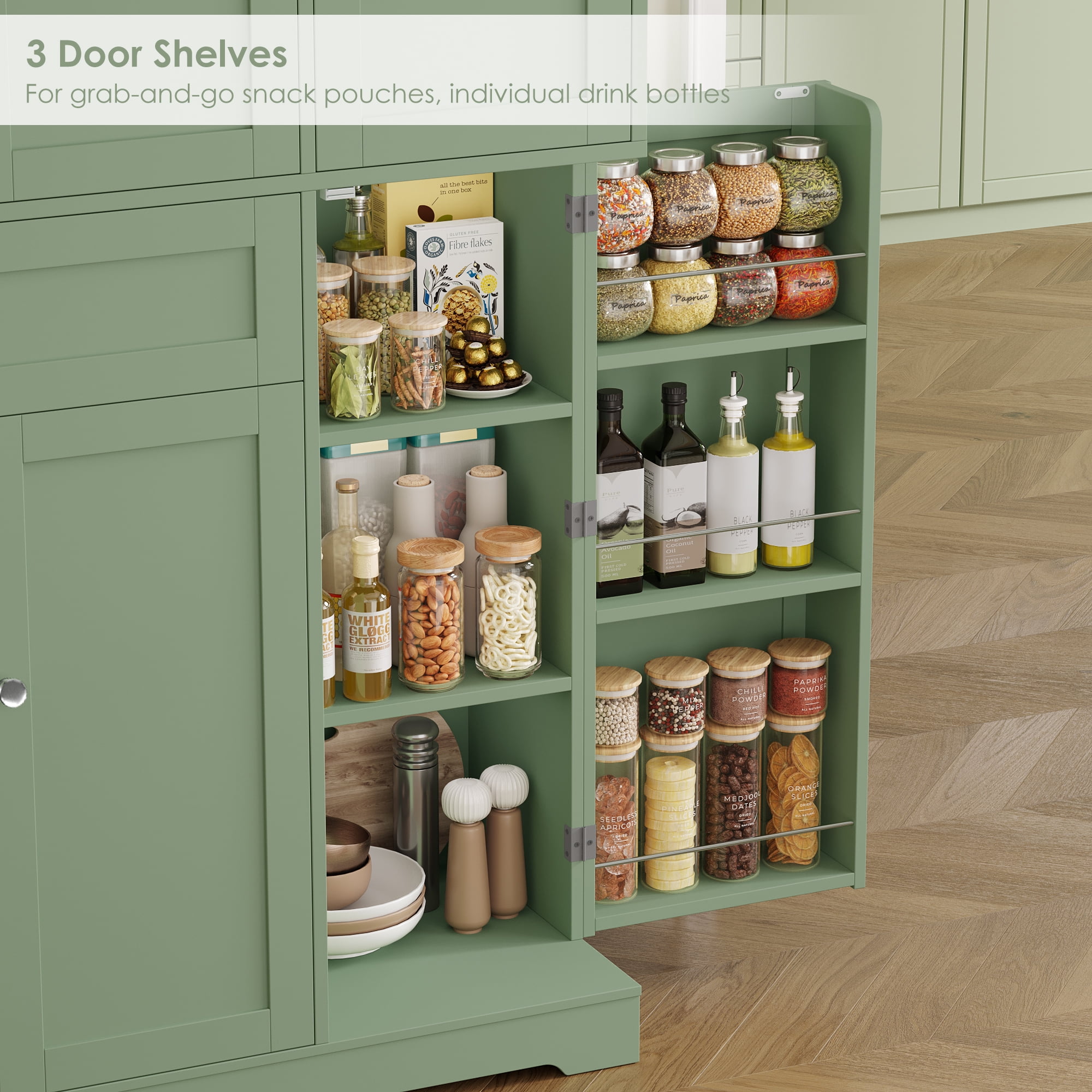 Homfa Kitchen Pantry Storage Cabinet, 68" Food Pantry Cabinet with Drawer and Door Shelf, 6 Door Freestanding Cupboard Buffet for Dining Room, Green