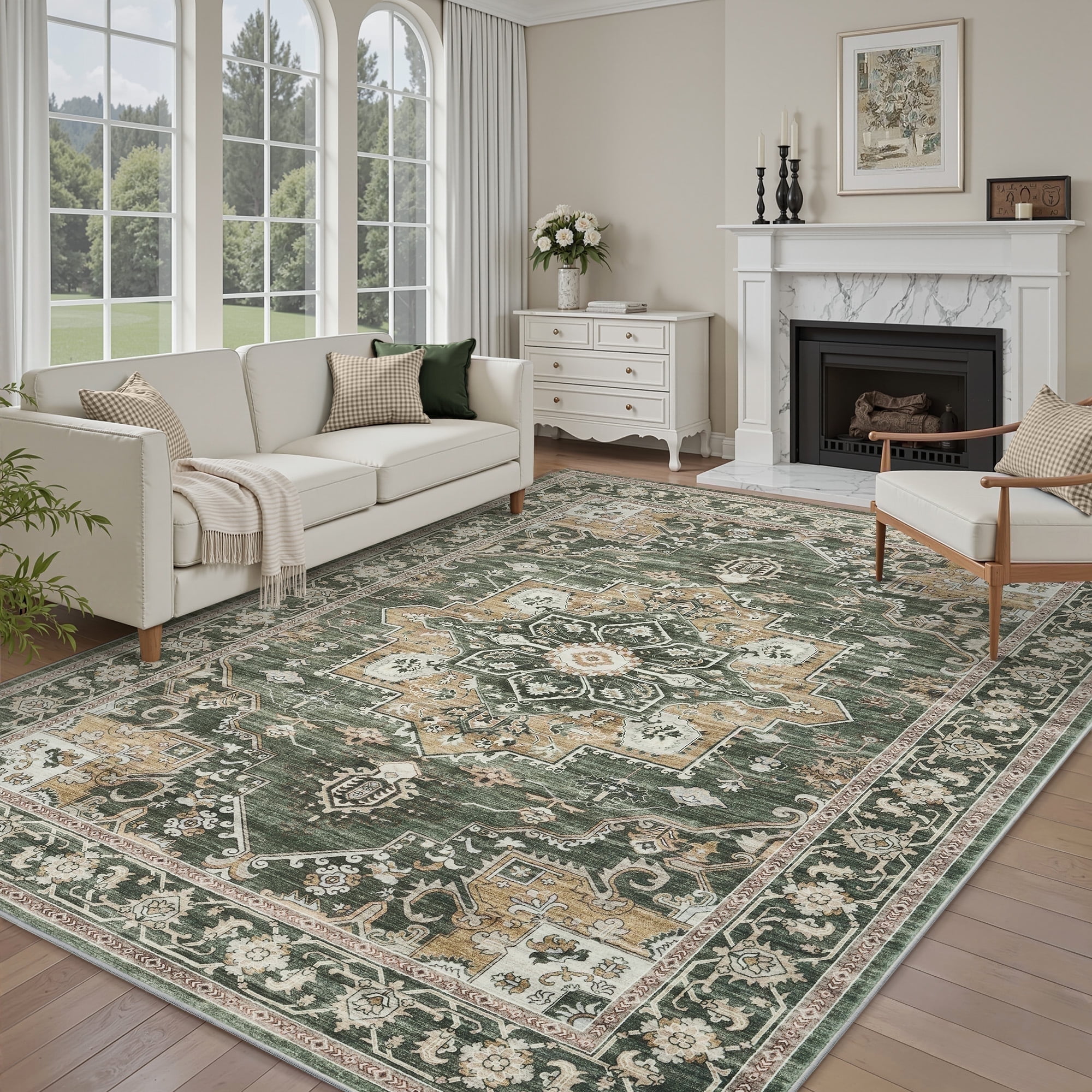 SIXHOME 9'x12' Rugs for Living Room Washable Traditional Distressed Soft Carpet Large Area Rug Retro Floral Indoor Throw Rug for Bedroom Dining Room Vintage Green