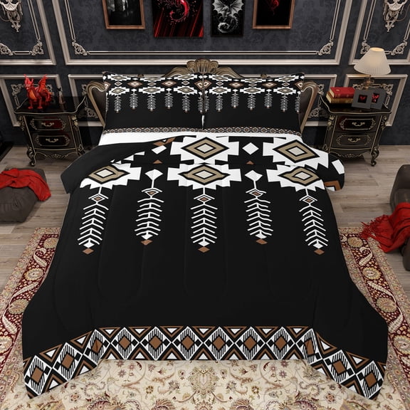 Feelyou Fashion Western Aztec Queen Comforter Set, Black White Abstract Bedding Sets, Hippie Tribal Theme Reversible Bedding Comforter Set, Luxury Bedroom Decor, 3 Pieces