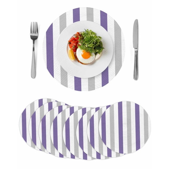 Purple Grey Striped Round 13 Inch Placemats Set of 8, Minimalist Farmhouse Stripe HeatResistant Non Slip Place Mats for Dining Table, Wipeable Braided Kitchen Table Mats for Housewarming