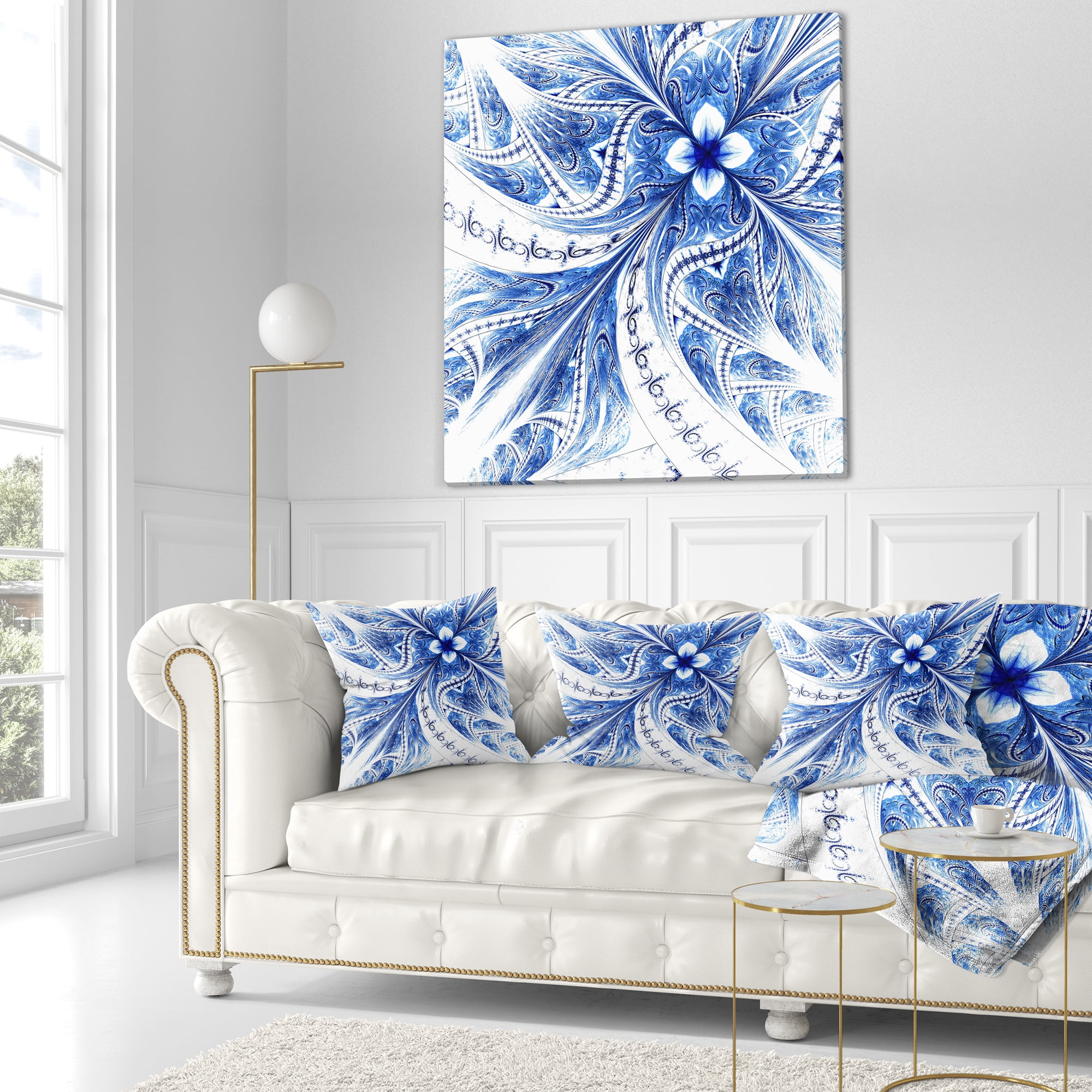 Designart Light Blue Fractal Flower Pattern Digital - Floral Throw Pillow - 16x16