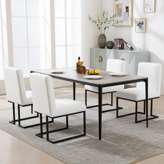 Linen Fabric Mid Century Modern Dining Chair Set of 4, Upholstered Padded Dining Chairs Armless Accent Chair with Black Metal Frame for Dining Room/Living Room/Kitchen/Office, White