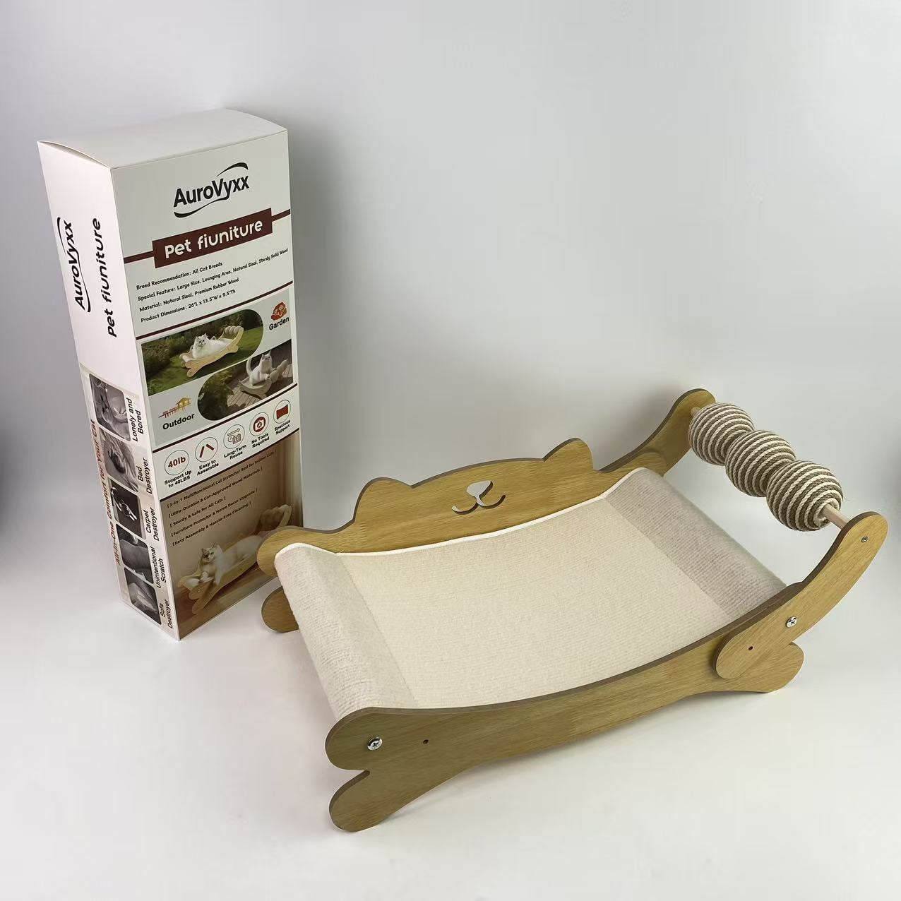 AuroVyxx Pet furniture,Cat Scratcher Bed for Indoor Cats 3-in-1 Scratching Post & Hammock Lounge with Solid Wooden Perch (Easy Assembly)