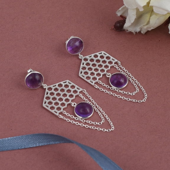 Femme Jam 925 Sterling Silver Natural Amethyst Gemstone Designer Dangle Drop Earrings for Women