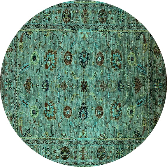 Ahgly Company Machine Washable Indoor Round Oriental Turquoise Blue Industrial Area Rugs, 7' Round