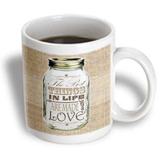 3dRose Mason Jar on Burlap Print Brown - The Best Things in Life are Made with Love - Gifts for the Cook, Ceramic Mug,
