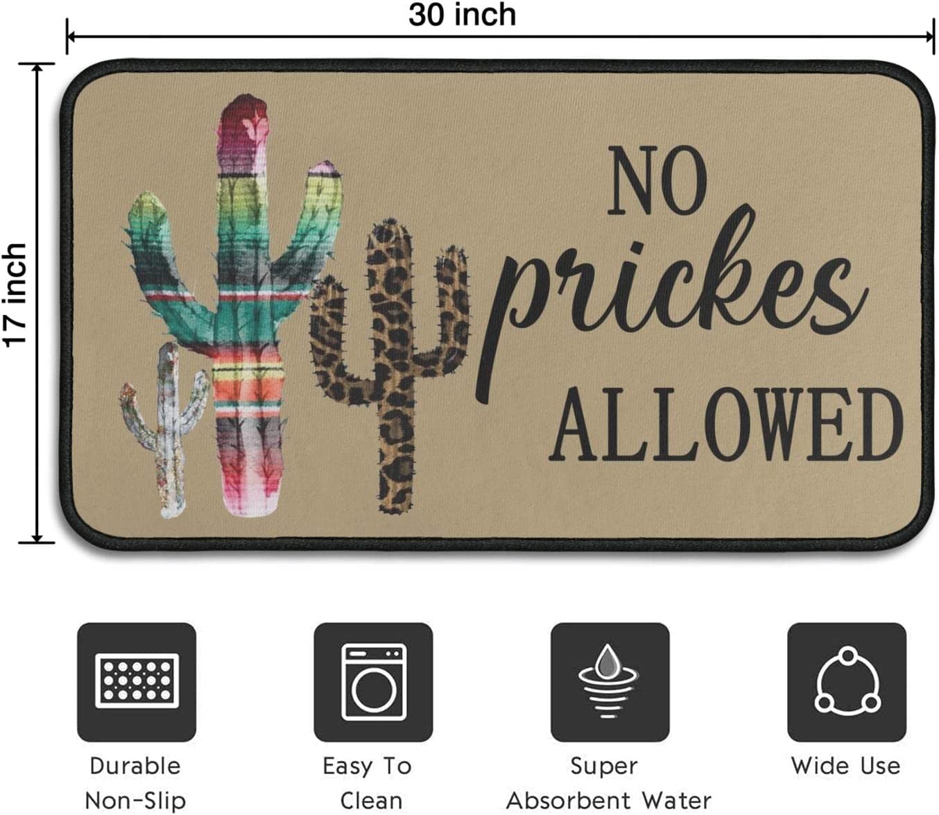 No Pricks Allowed Door Mat Outdoor Indoor Cactus Flower Doormat, 30"x17", Durable Floor Mat Non Slip Rug Ultra Absorb Mud Easy Clean Front Doormat for Garage,Entryway,Patio,High Traffic Areas