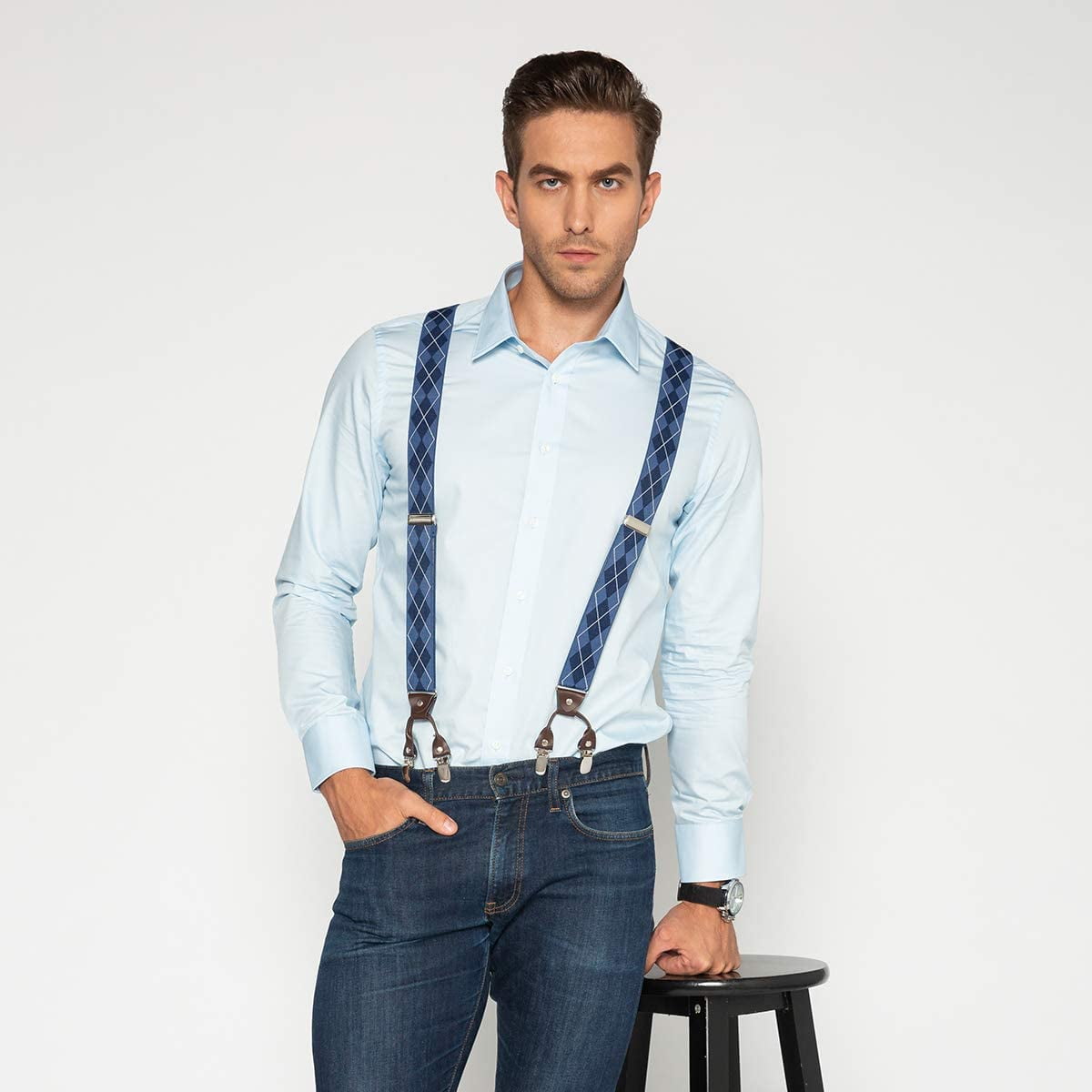 Y Back Mens Suspenders with 6 Strong Clips Wide Adjustable Elastic Braces for Casual&Fomal by Grade Code 