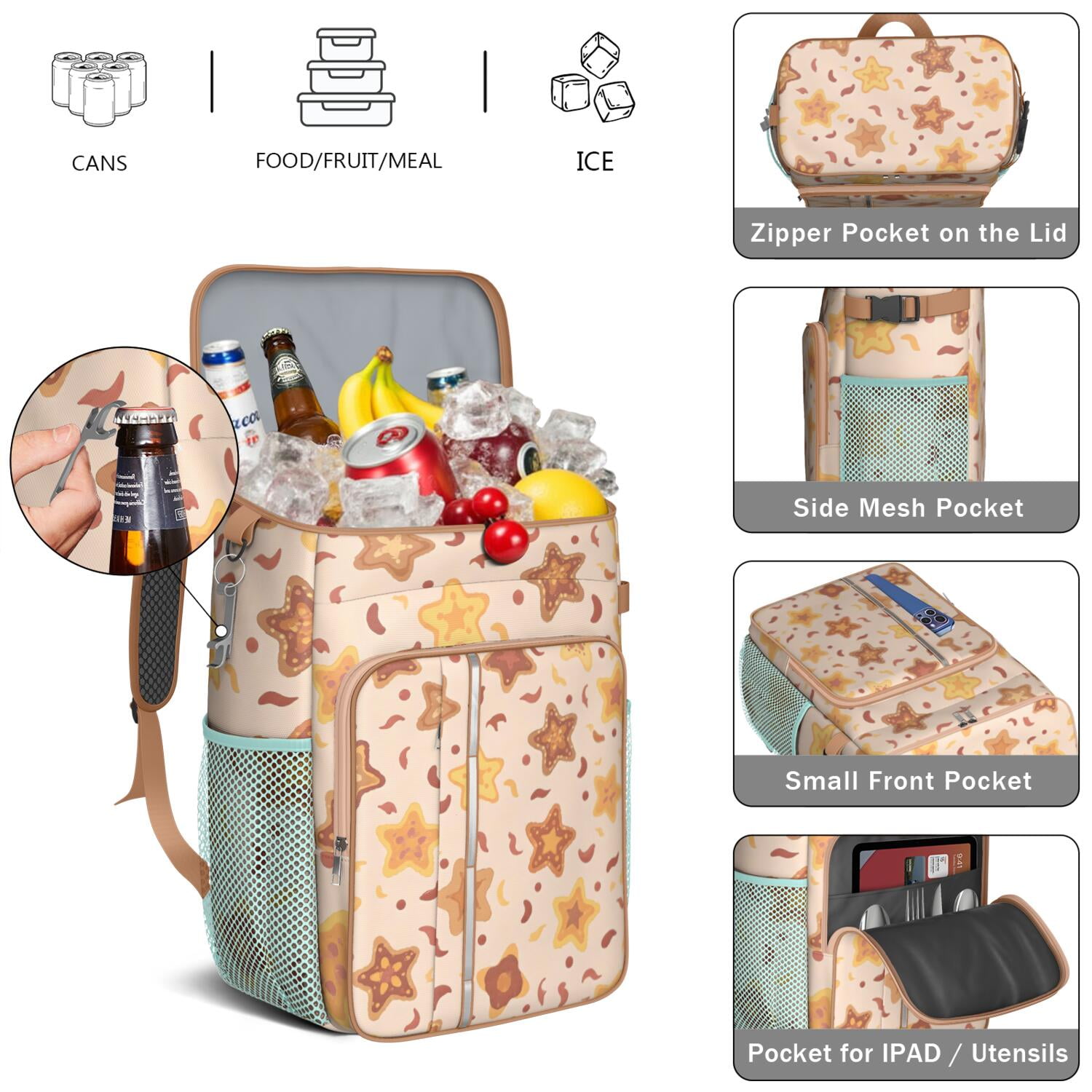 Starfish Cooler Backpack Insulated Waterproof Leak Proof Backpack Cooler Lightweight Lunch Picnic Camping Backpack Cooler for Office Workers Outdoor Enthusiasts