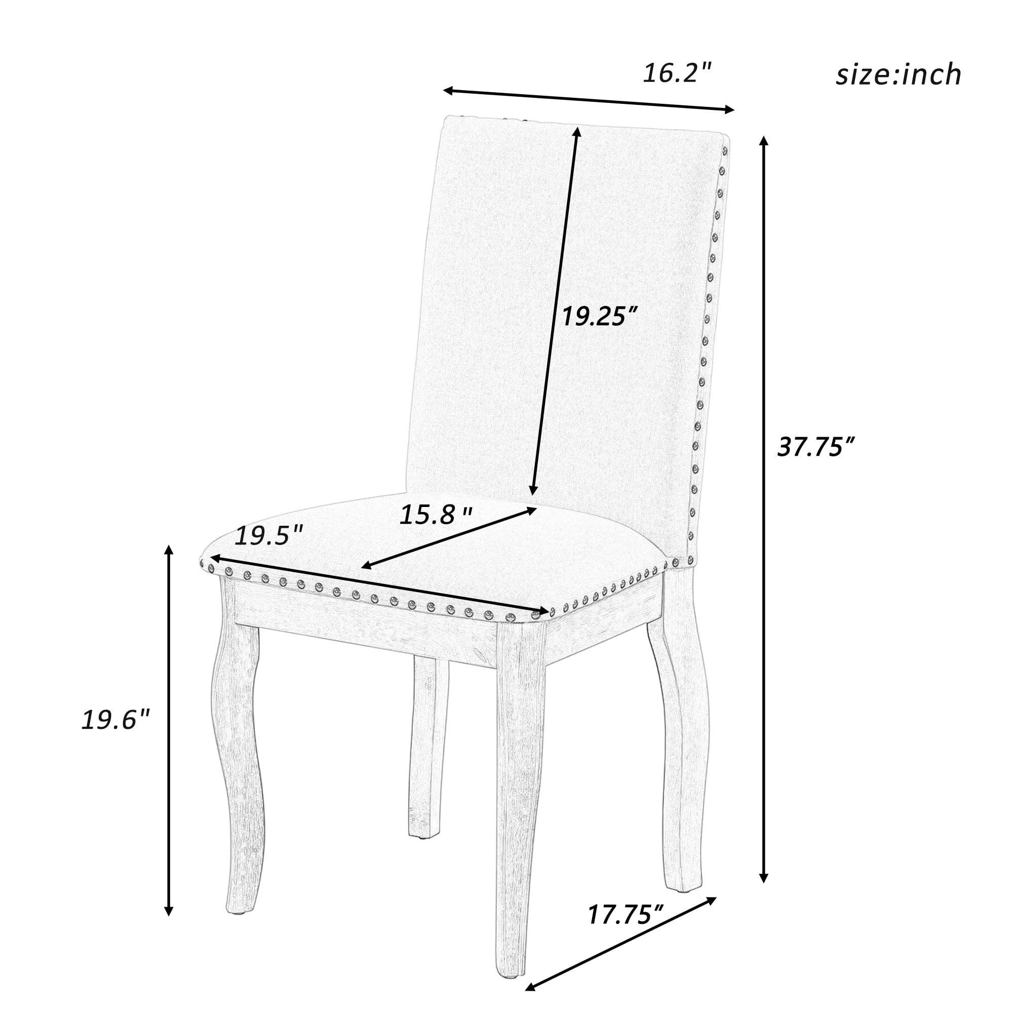 PORKISS Set of 2 Dining Chairs, High Back Upholstered Kitchen Chairs with Solid Wood Frame, Curved Legs and Bronze Nailhead Trim, Natural Finish with White Fabric