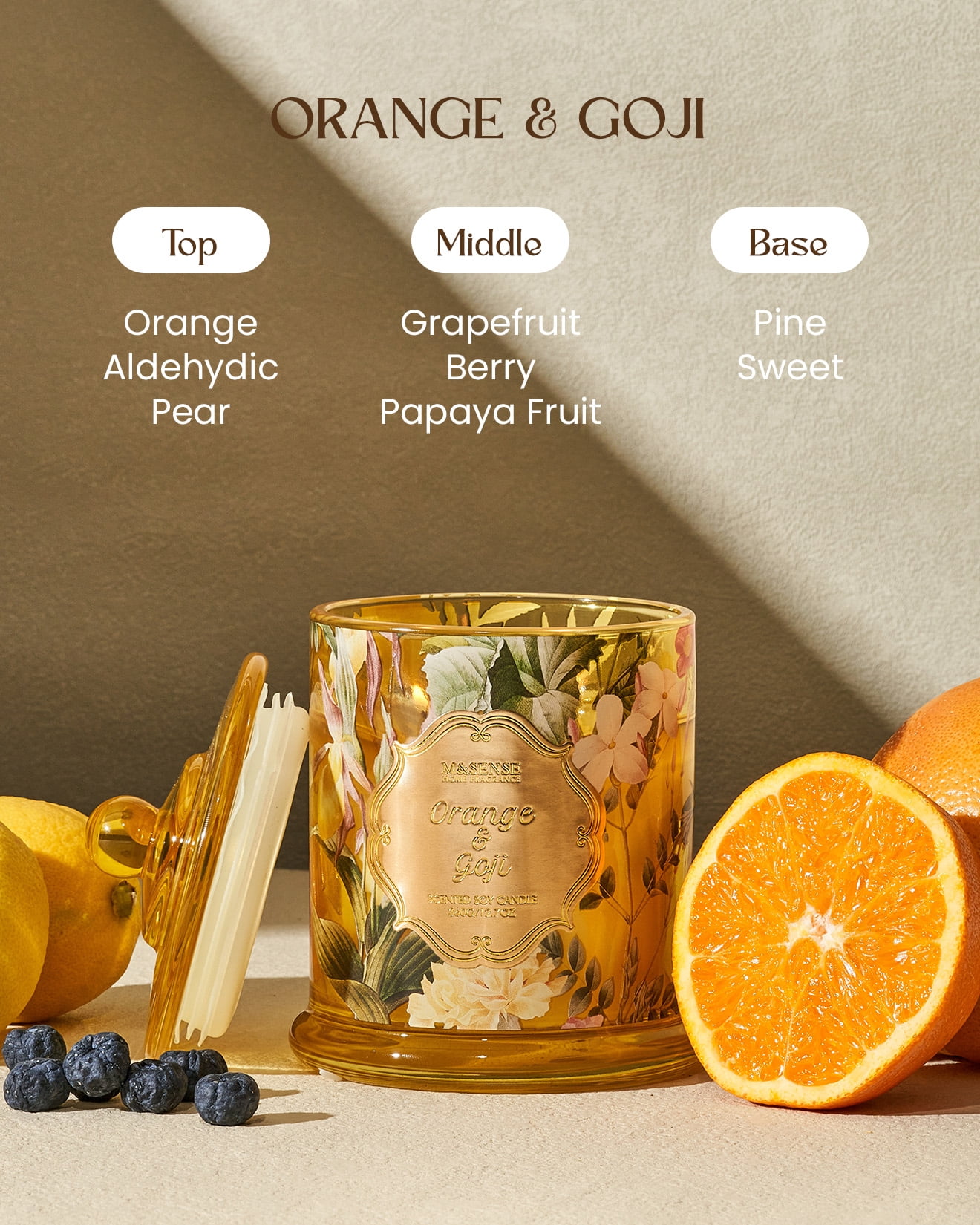 M&SENSE Orange Goji Scented Candle for Home, Plant-Based Soy Candles Non Toxic, Fresh Citrus Fragrant Air Purifying Relaxing Aromatherapy, 2 Wick 12.7oz Large Jar Candle