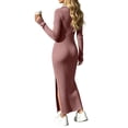 thumbnail image 4 of Ashyfjp Dresses for Women Casual Solid Color Vertical Ribbed Collared Long Sleeve Midi Dress with Side Split Hem, Stretchy Fitted Casual Wear, Size (S-XXL), 4 of 6