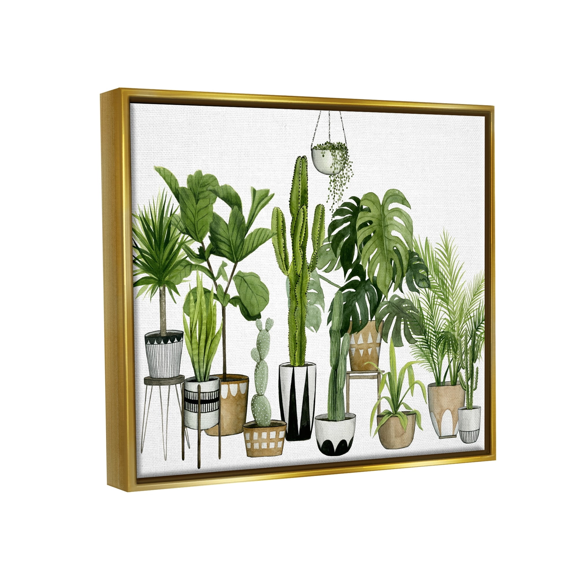 Stupell Industries Boho Plant Scene with Cacti and Succulents in Geometric Pots Watercolor Metallic Gold Framed Floating Canvas Wall Art, 24x30, by Grace Popp